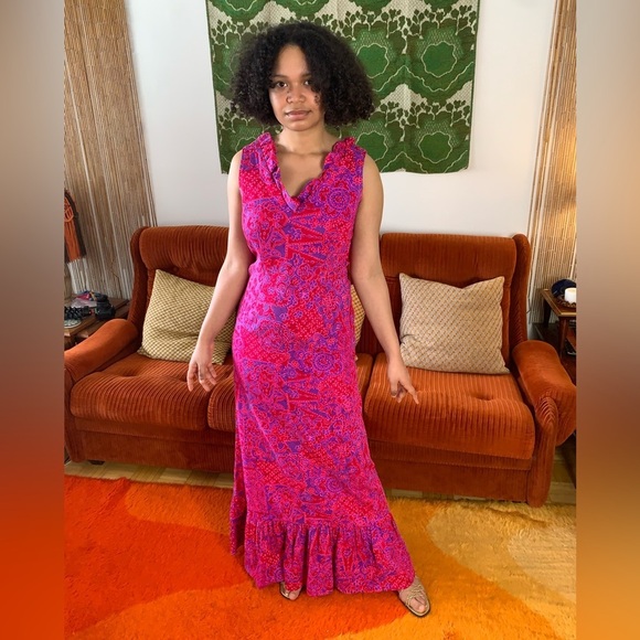 60s Vintage Tropical Barkcloth Psychedelic Mermaid Maxi Dress - Picture 1 of 10